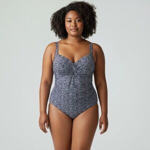 Niptuck Swim One Piece Swimsuit Womens 10 Navy Blue White Scroll Tummy Control